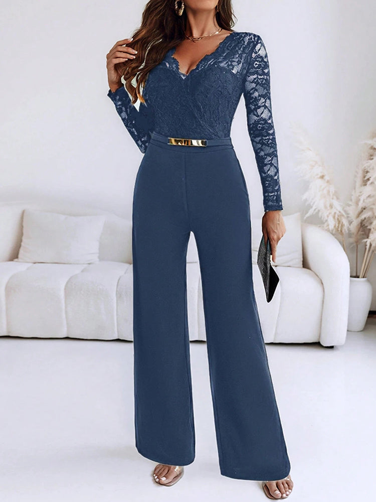 Lady Autumn New Simple Hollow Party Rompers Sexy V-neck Lace Edge Bodycon Jumpsuits Fashion Solid High Waist Commute Playsuits