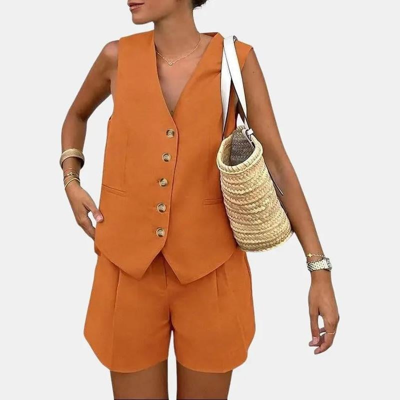 PrettyGarden Women's Summerwear Sleeveless V Neck Button Down 2-Piece Outfit with Functional Pockets
