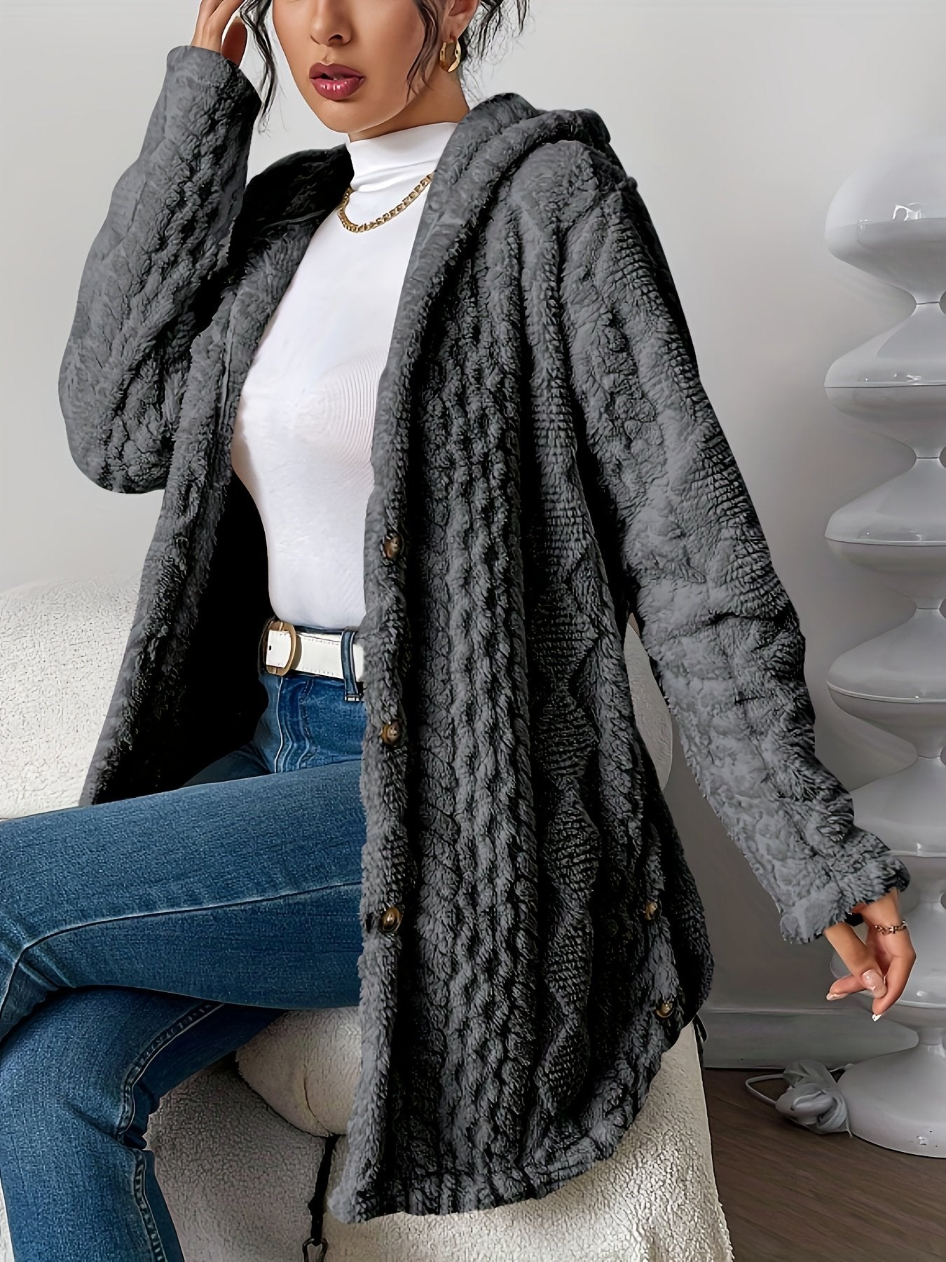🎉New Arrival-49% Off💛Womens Fuzzy Fleece Button Down Jacket Hooded Open Front Cardigan Sweater