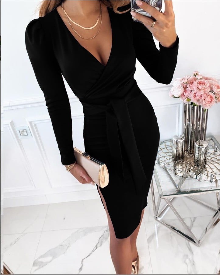 Women's Solid Color V-neck Tight Dress