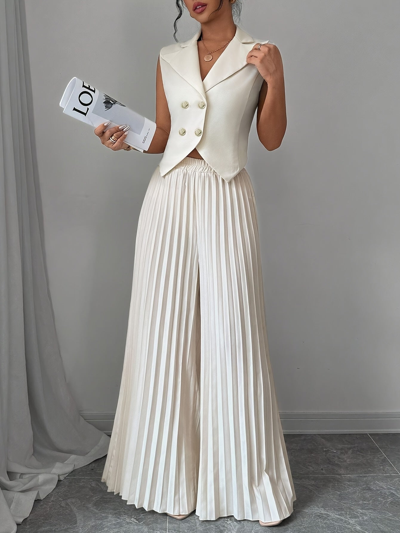 Elegant Solid Color Blazer & Pleated Wide-Leg Pants Set for Women - Machine Washable, Polyester\u002FSpandex Blend