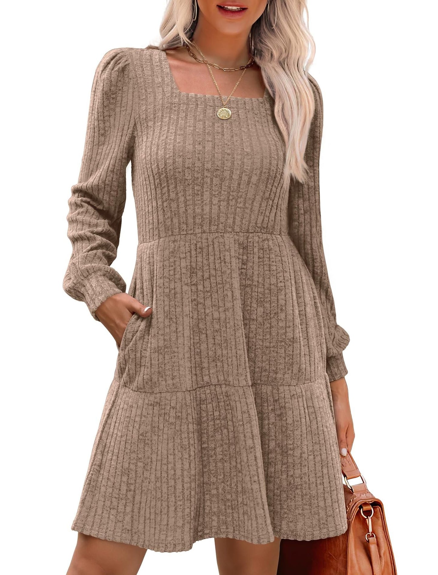 💥2025 HOT SALE💥Womens Square Neck Long Sleeve Fall Dresses Casual Babydoll Sweater Dress