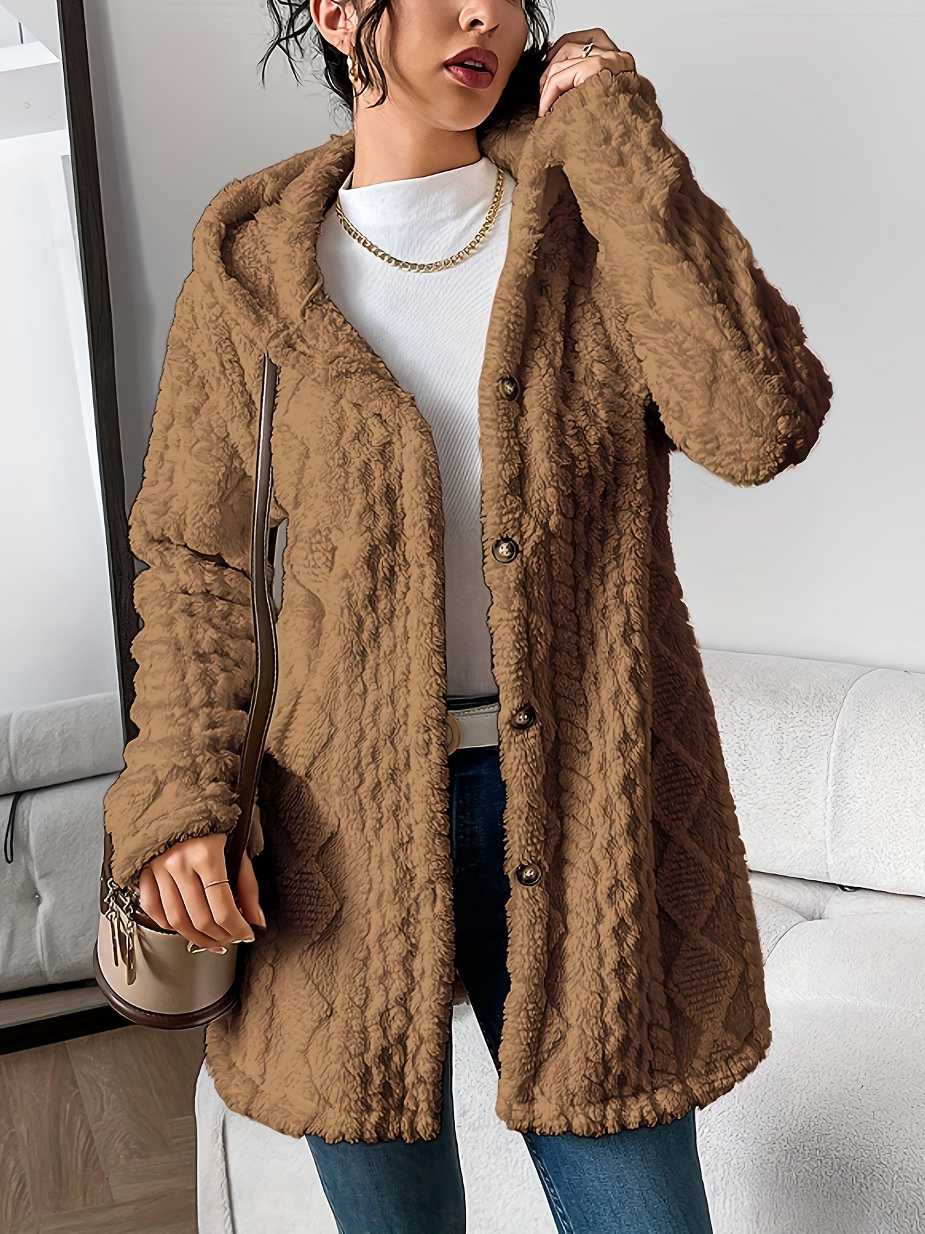 🎉New Arrival-49% Off💛Womens Fuzzy Fleece Button Down Jacket Hooded Open Front Cardigan Sweater