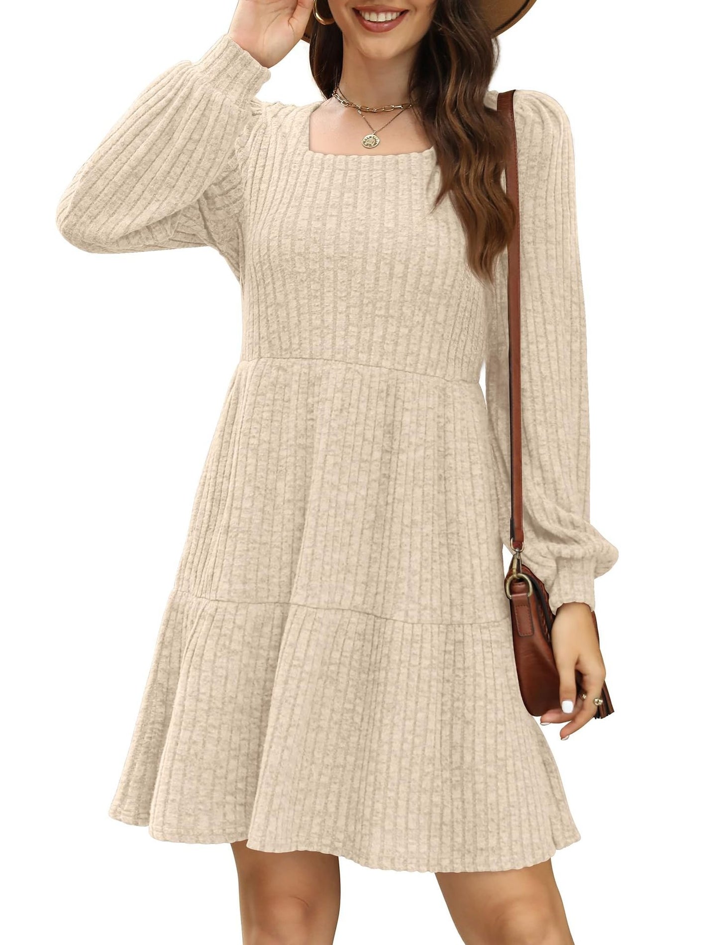 💥2025 HOT SALE💥Womens Square Neck Long Sleeve Fall Dresses Casual Babydoll Sweater Dress