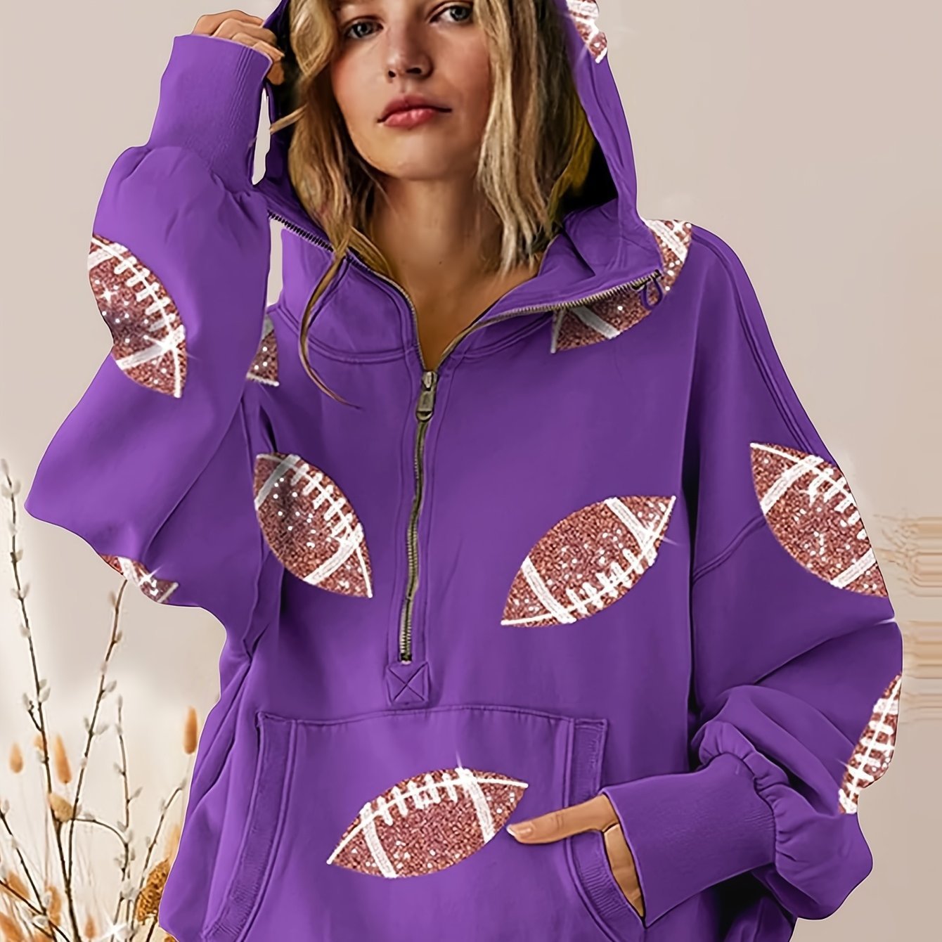 🔥'Glam Kickoff' Football Game Day Long Sleeve Half-Zip  Hoodie