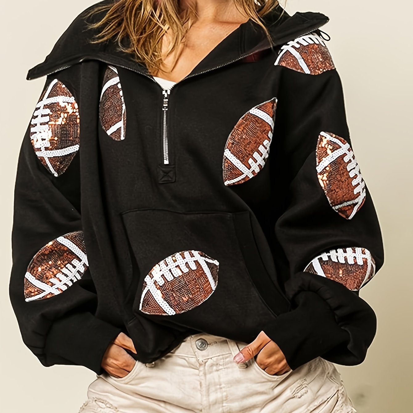 🔥'Glam Kickoff' Football Game Day Long Sleeve Half-Zip  Hoodie