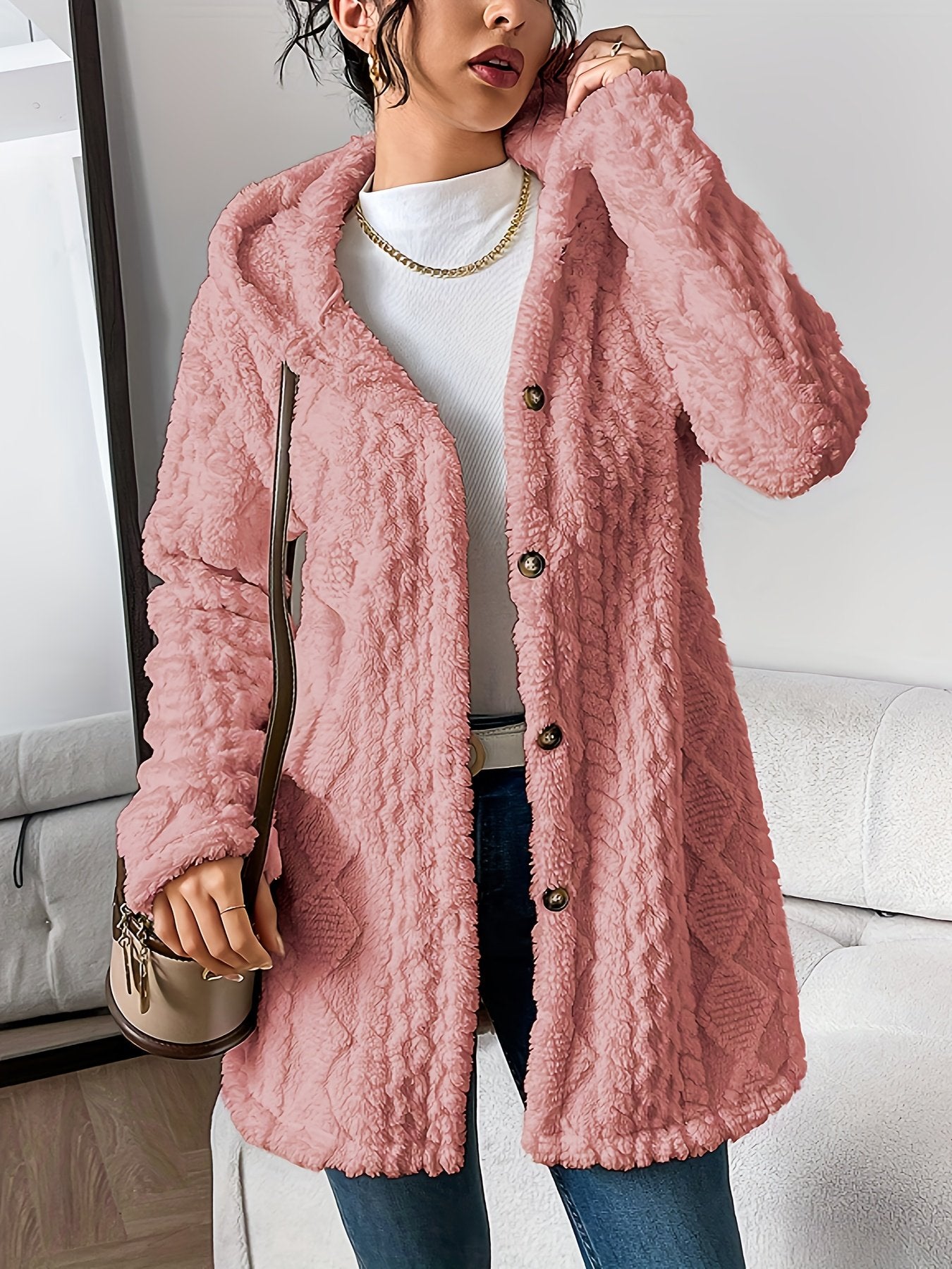 🎉New Arrival-49% Off💛Womens Fuzzy Fleece Button Down Jacket Hooded Open Front Cardigan Sweater