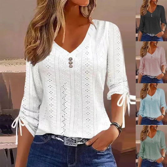 Women's Casual V-Neck Eyelet Blouse with Button Details