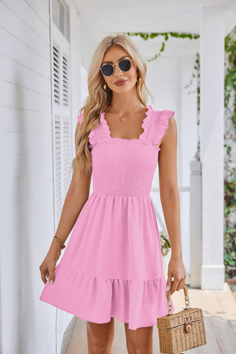 Summer Casual Sleeveless Square Neck Smocked Ruffle Backless Beach Dress