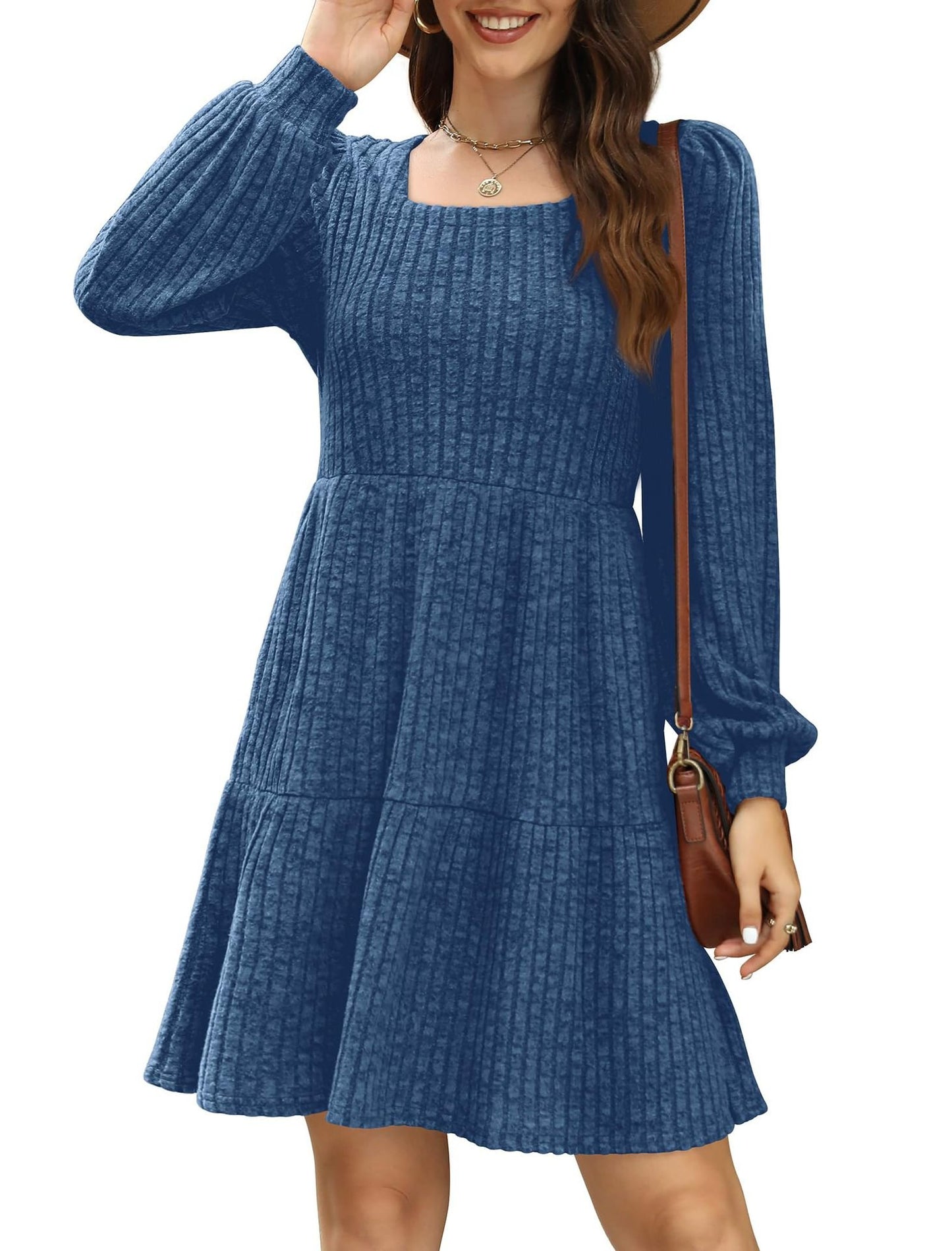 💥2025 HOT SALE💥Womens Square Neck Long Sleeve Fall Dresses Casual Babydoll Sweater Dress