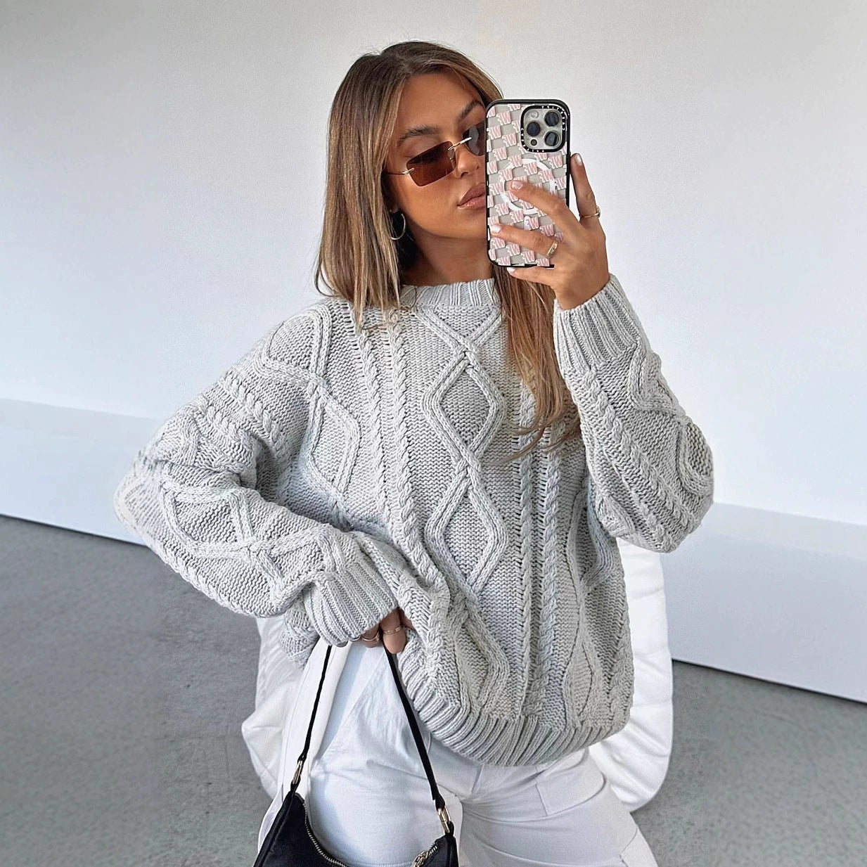 Women's Oversized Cable Knit Crewneck Sweaters