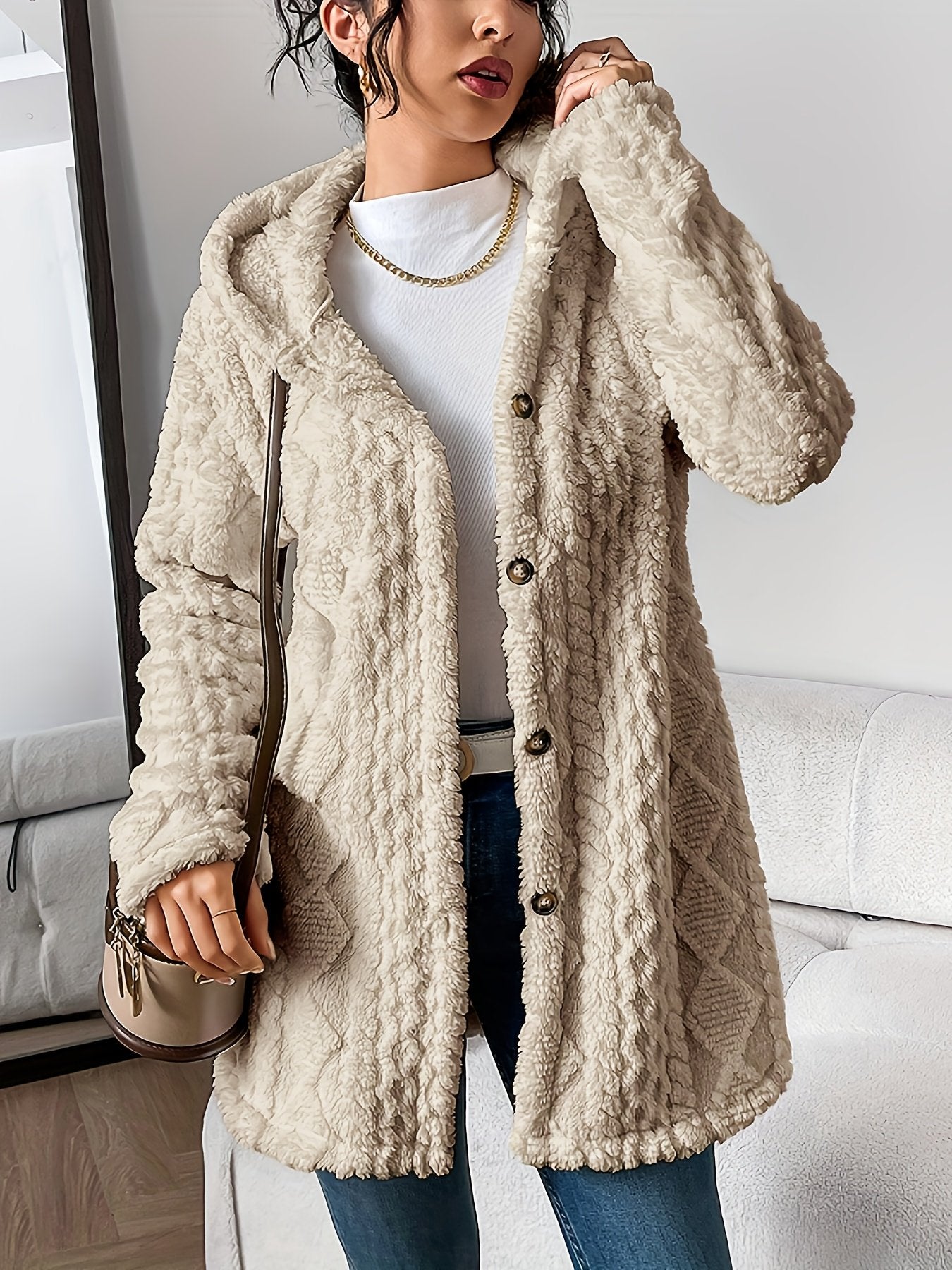 🎉New Arrival-49% Off💛Womens Fuzzy Fleece Button Down Jacket Hooded Open Front Cardigan Sweater