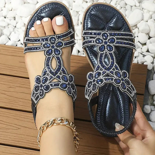 Chic Floral Rhinestone Flat Sandals-unitmotor™