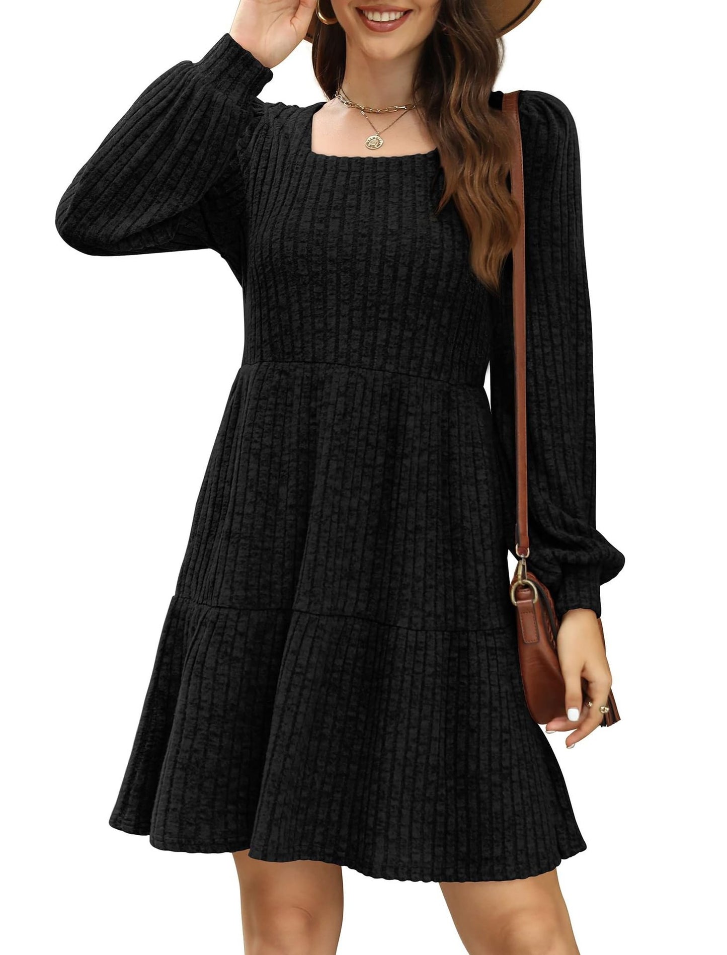 💥2025 HOT SALE💥Womens Square Neck Long Sleeve Fall Dresses Casual Babydoll Sweater Dress