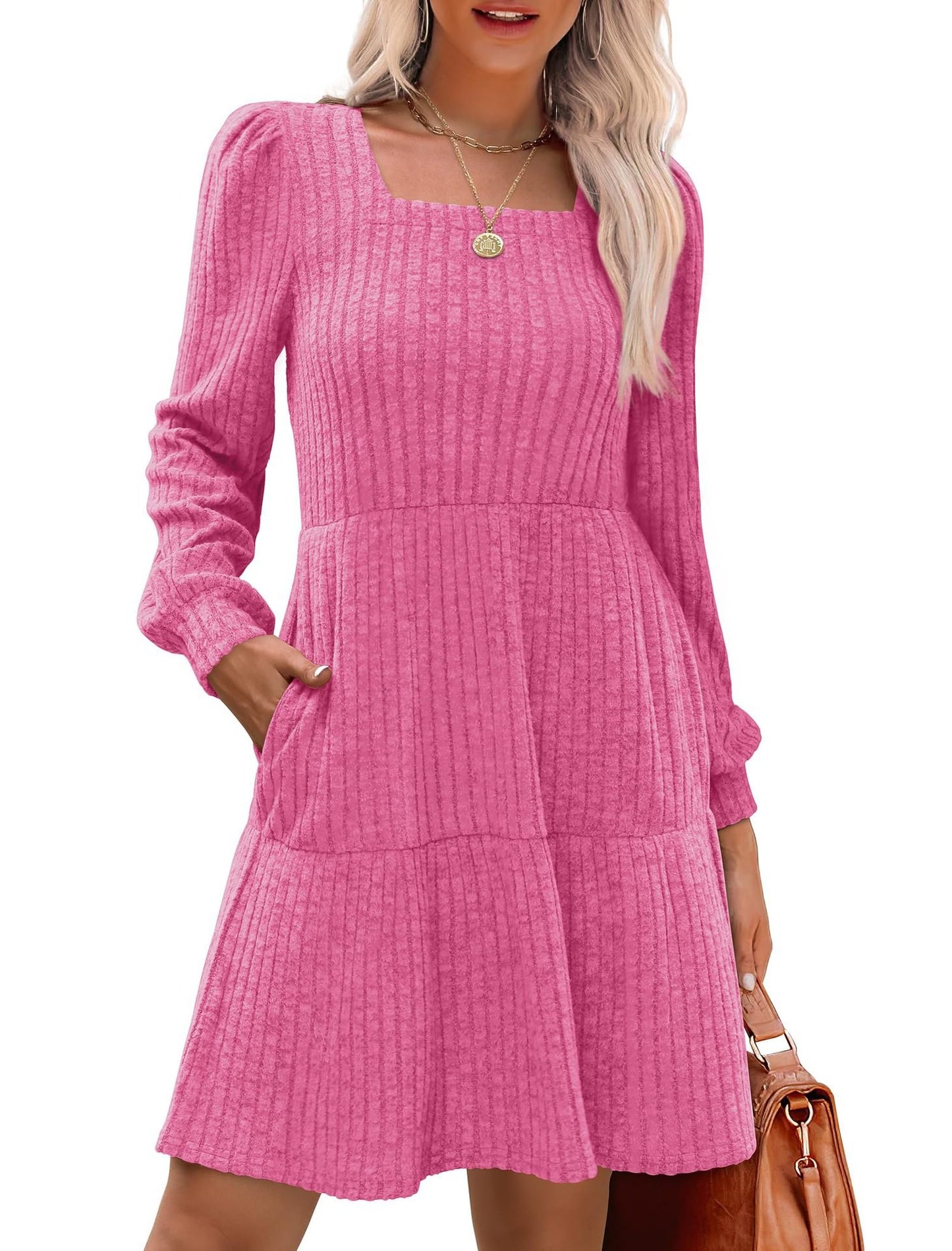 💥2025 HOT SALE💥Womens Square Neck Long Sleeve Fall Dresses Casual Babydoll Sweater Dress