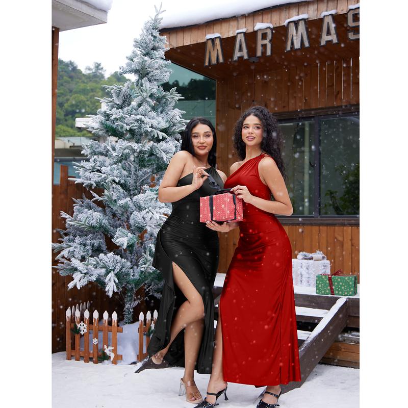 Women's Sexy One Shoulder Satin High Split Cocktail Fit Wedding Party Maxi Formal Dress