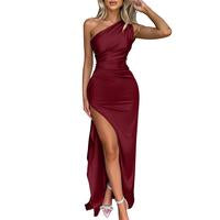 Women's Sexy One Shoulder Satin High Split Cocktail Fit Wedding Party Maxi Formal Dress