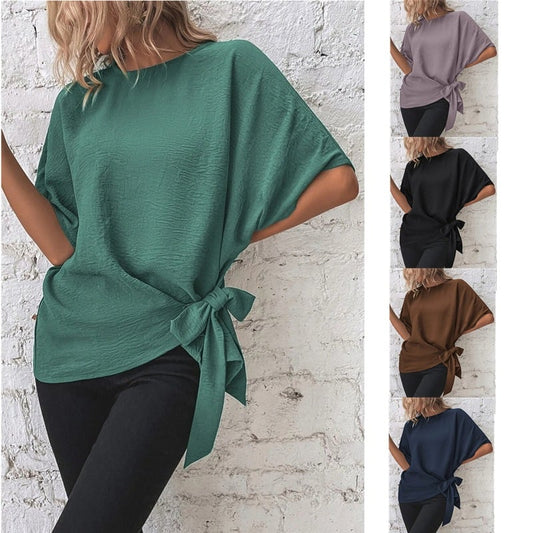 🌷Women's cotton and linen crewneck tie knot top-unitmotor™