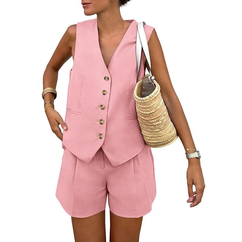 PrettyGarden Women's Summerwear Sleeveless V Neck Button Down 2-Piece Outfit with Functional Pockets