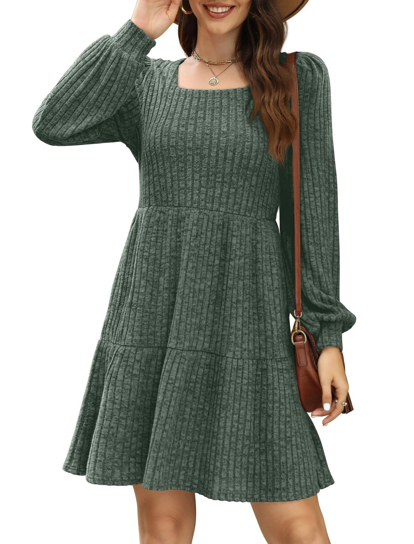 💥2025 HOT SALE💥Womens Square Neck Long Sleeve Fall Dresses Casual Babydoll Sweater Dress