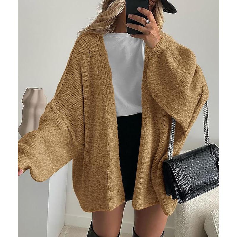 Women's Oversized Lantern Sleeve Knit Open Front Lightweight Sweater Knitwear Tops
