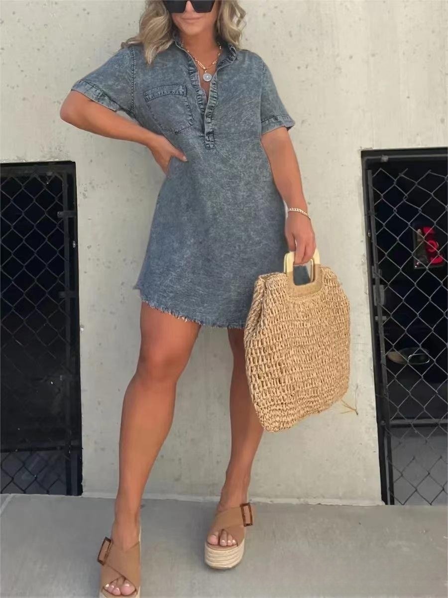 Short Sleeve Casual Denim Shirt Dress-Buy two and get free shipping!-unitmotor™