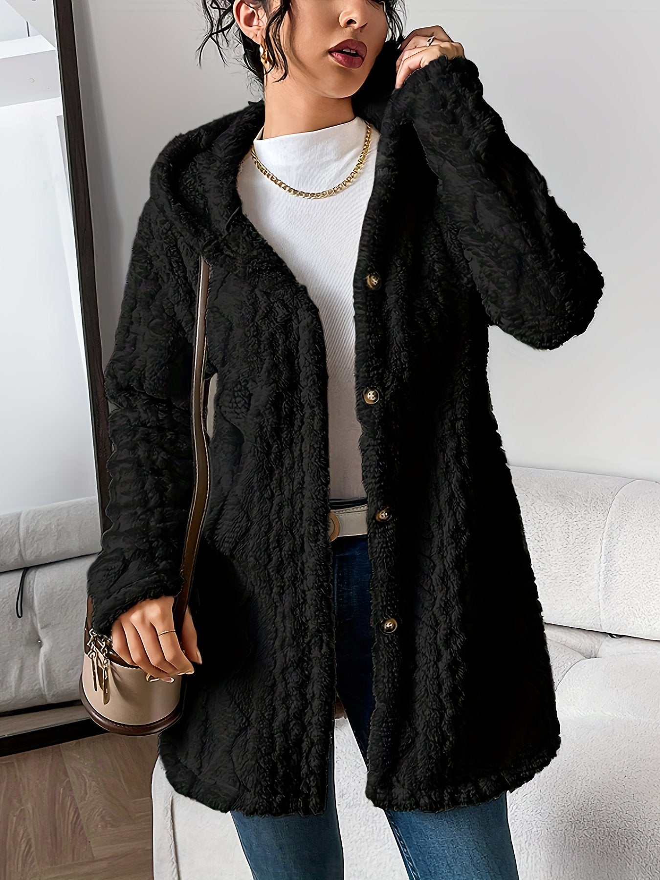🎉New Arrival-49% Off💛Womens Fuzzy Fleece Button Down Jacket Hooded Open Front Cardigan Sweater