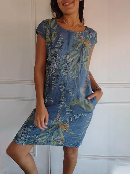 Women's Cotton & Linen Round Neck Printed Dress-unitmotor™