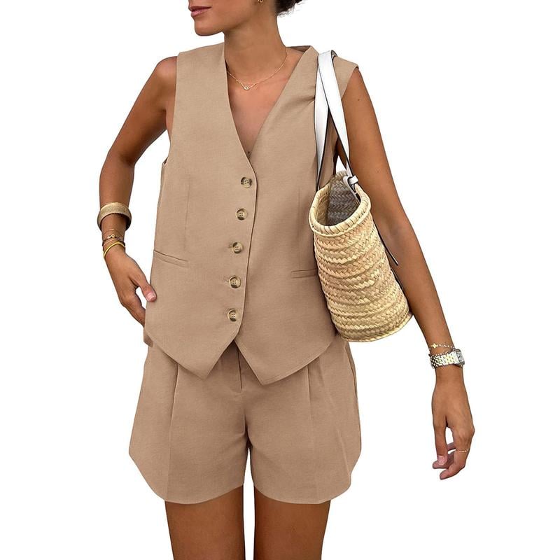 PrettyGarden Women's Summerwear Sleeveless V Neck Button Down 2-Piece Outfit with Functional Pockets