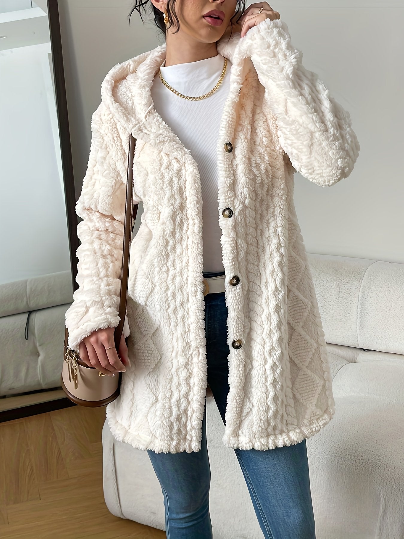 🎉New Arrival-49% Off💛Womens Fuzzy Fleece Button Down Jacket Hooded Open Front Cardigan Sweater
