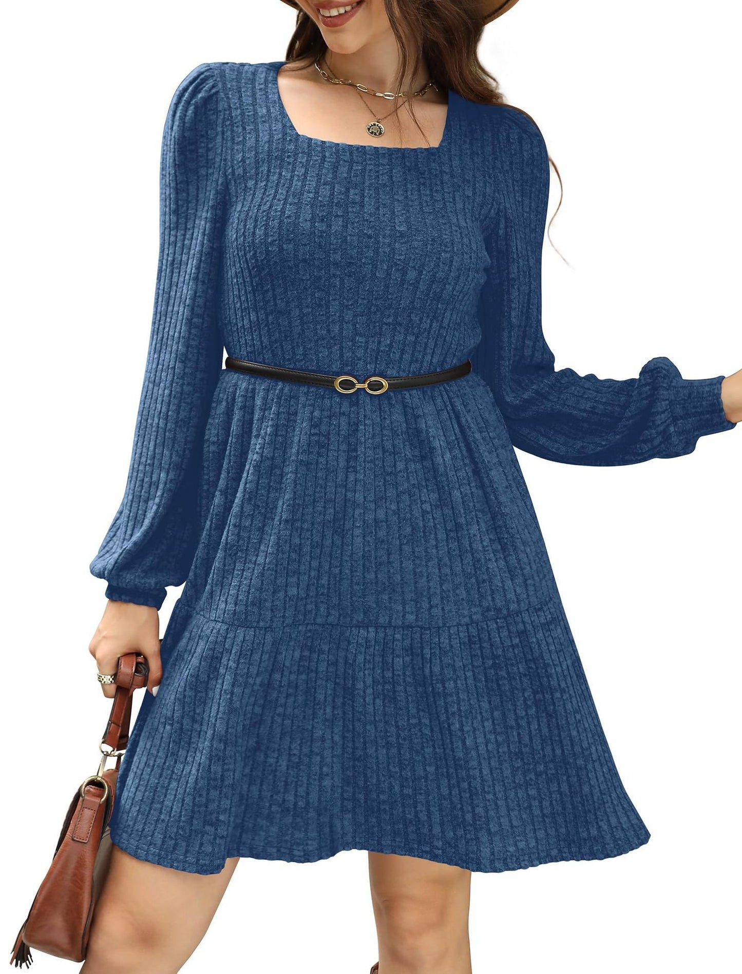 💥2025 HOT SALE💥Womens Square Neck Long Sleeve Fall Dresses Casual Babydoll Sweater Dress