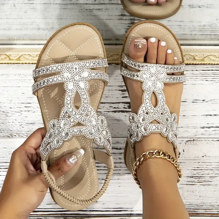 Chic Floral Rhinestone Flat Sandals-unitmotor™