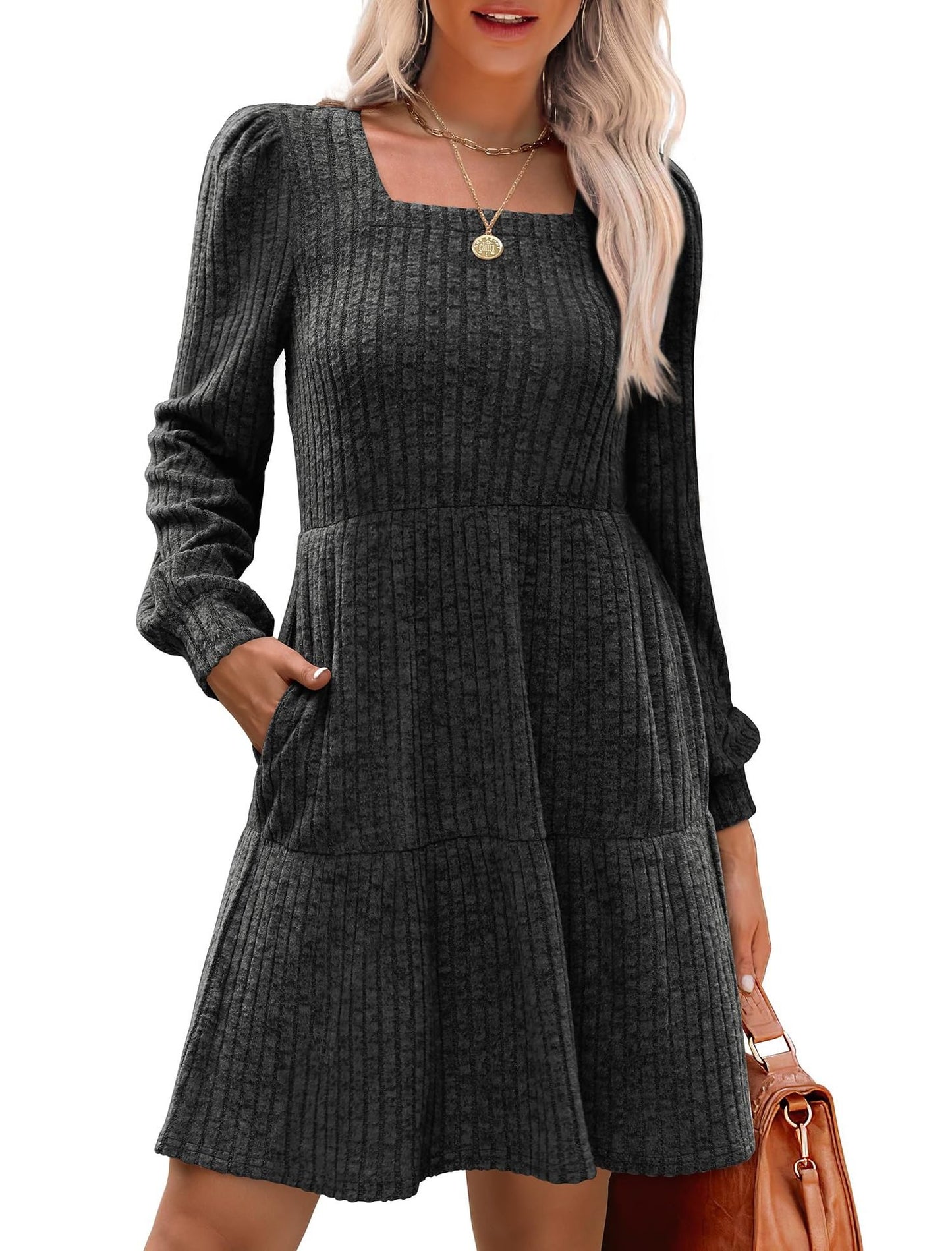 💥2025 HOT SALE💥Womens Square Neck Long Sleeve Fall Dresses Casual Babydoll Sweater Dress