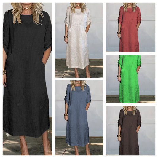 Women's Cotton and Linen Solid Color Loose Dresses-unitmotor™