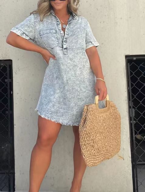 Short Sleeve Casual Denim Shirt Dress-Buy two and get free shipping!-unitmotor™