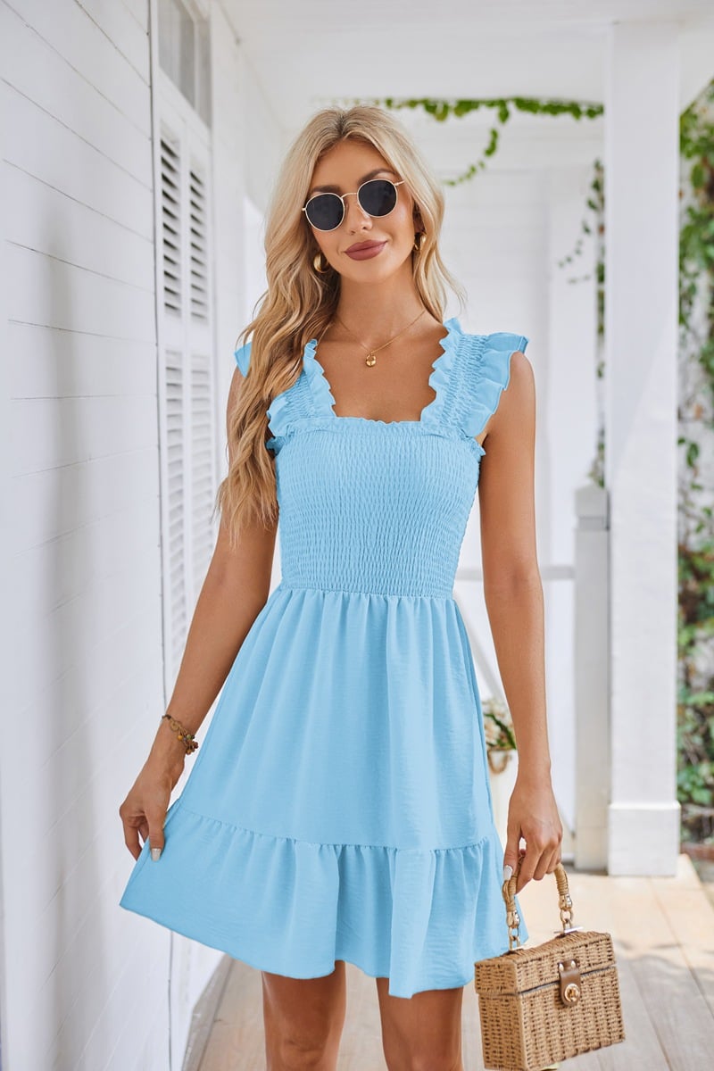 Summer Casual Sleeveless Square Neck Smocked Ruffle Backless Beach Dress
