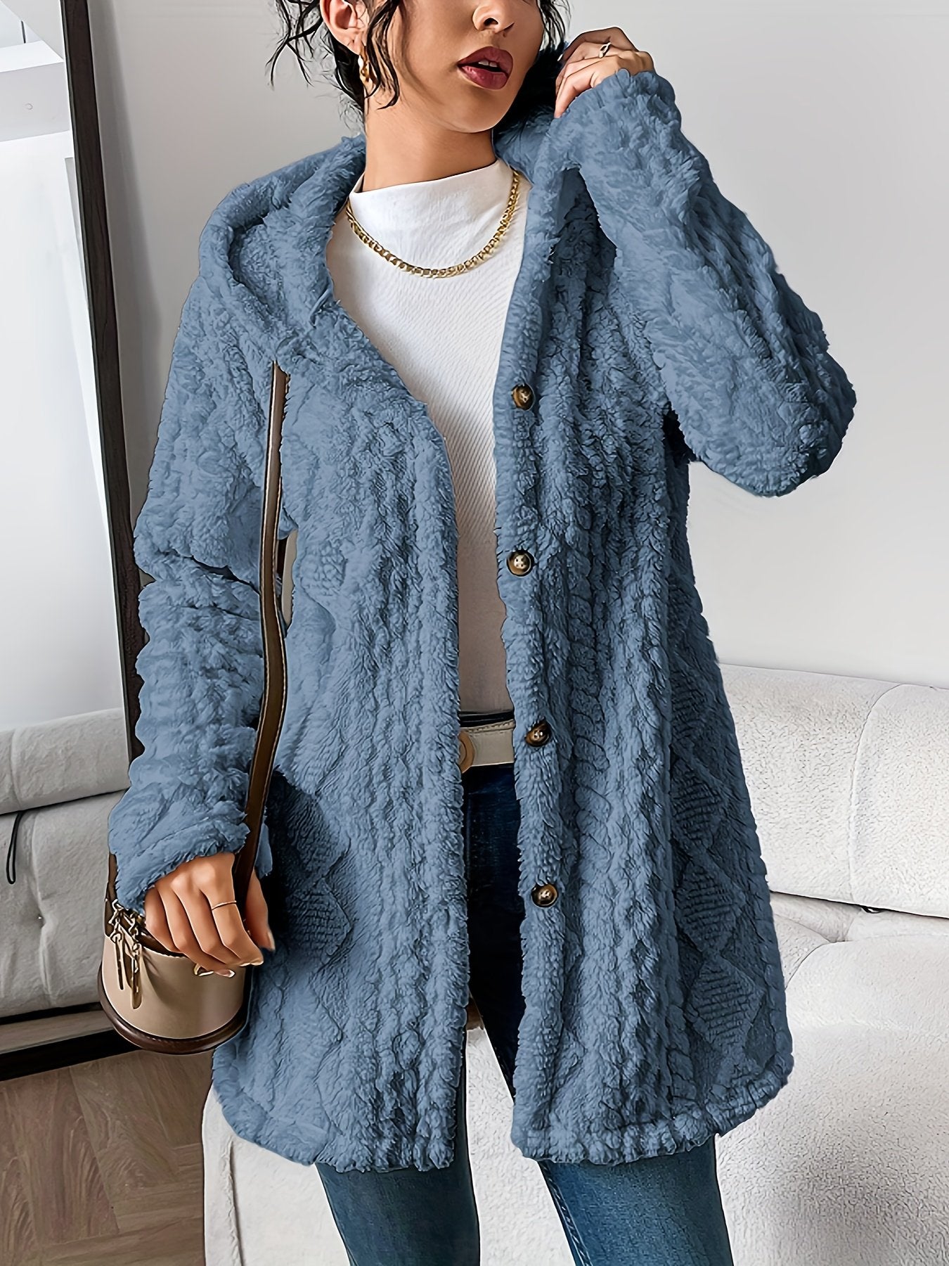 🎉New Arrival-49% Off💛Womens Fuzzy Fleece Button Down Jacket Hooded Open Front Cardigan Sweater