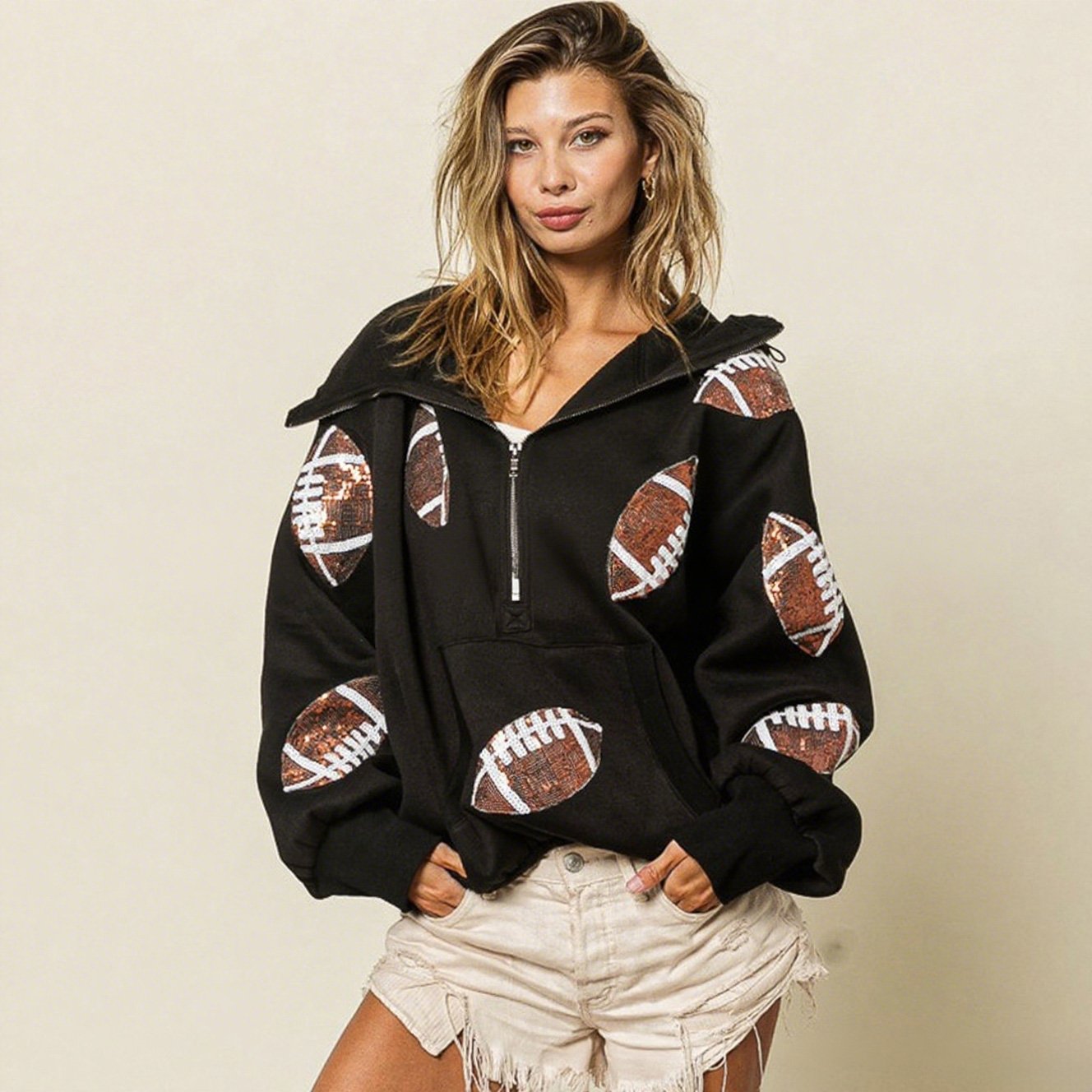 🔥'Glam Kickoff' Football Game Day Long Sleeve Half-Zip  Hoodie