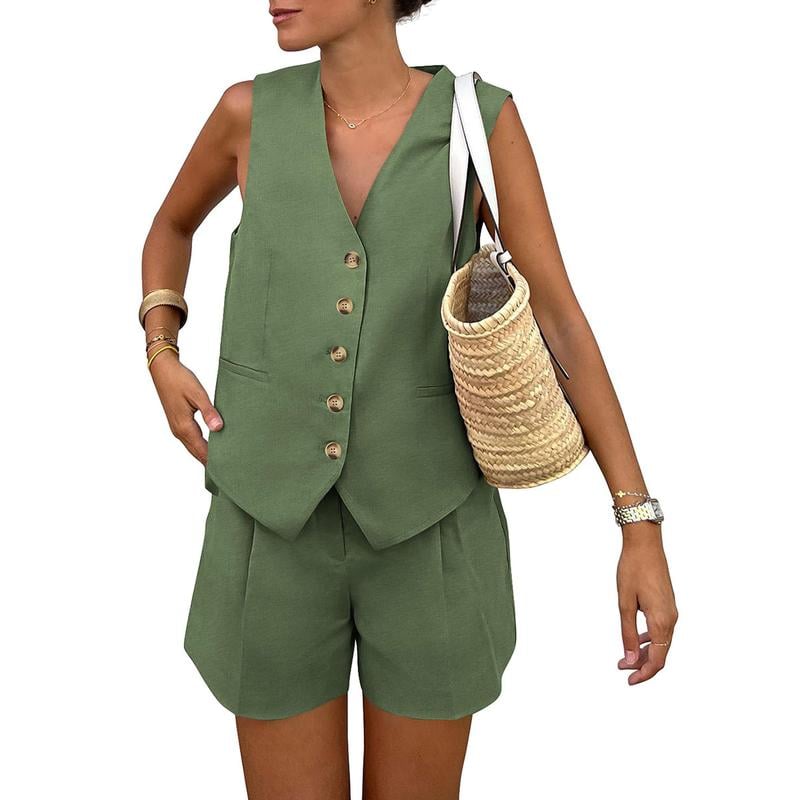 PrettyGarden Women's Summerwear Sleeveless V Neck Button Down 2-Piece Outfit with Functional Pockets