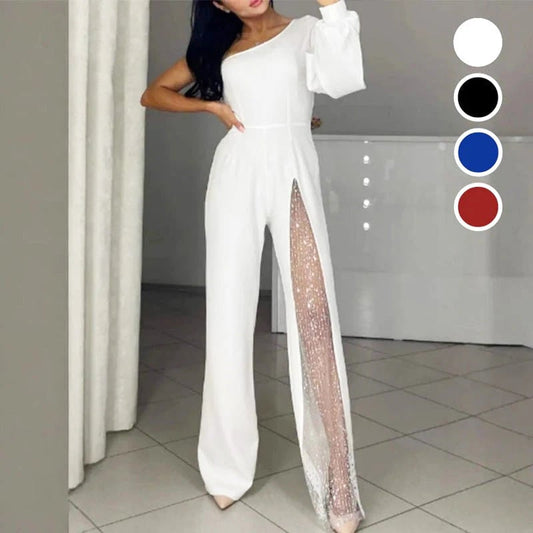 ✨👠Sparkling One Shoulder Mesh Flared Jumpsuit🖤