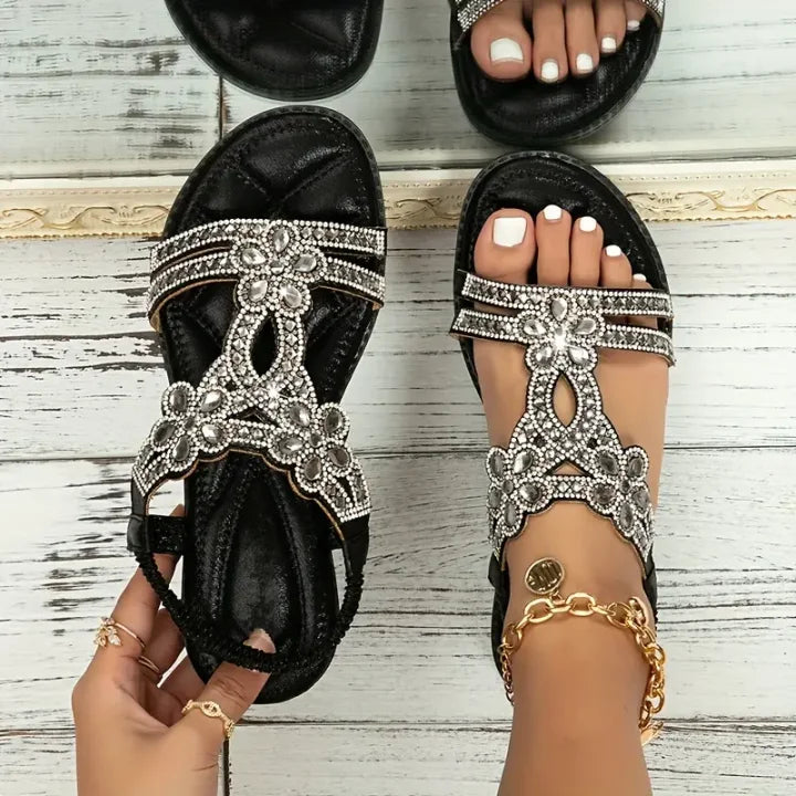 Chic Floral Rhinestone Flat Sandals-unitmotor™