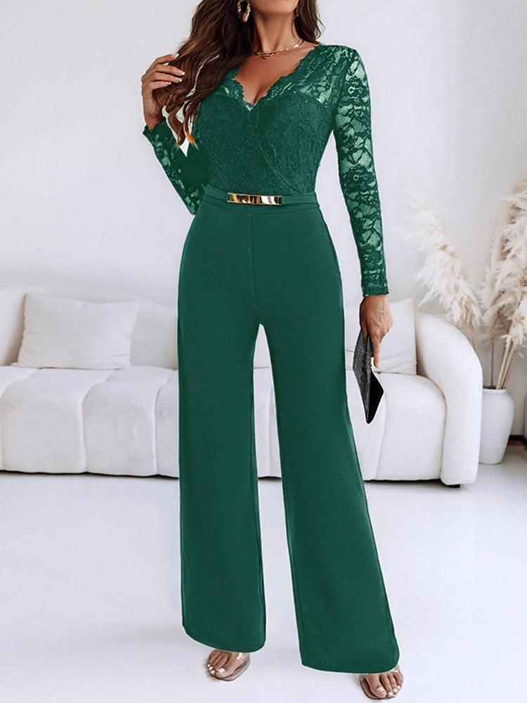 Lady Autumn New Simple Hollow Party Rompers Sexy V-neck Lace Edge Bodycon Jumpsuits Fashion Solid High Waist Commute Playsuits