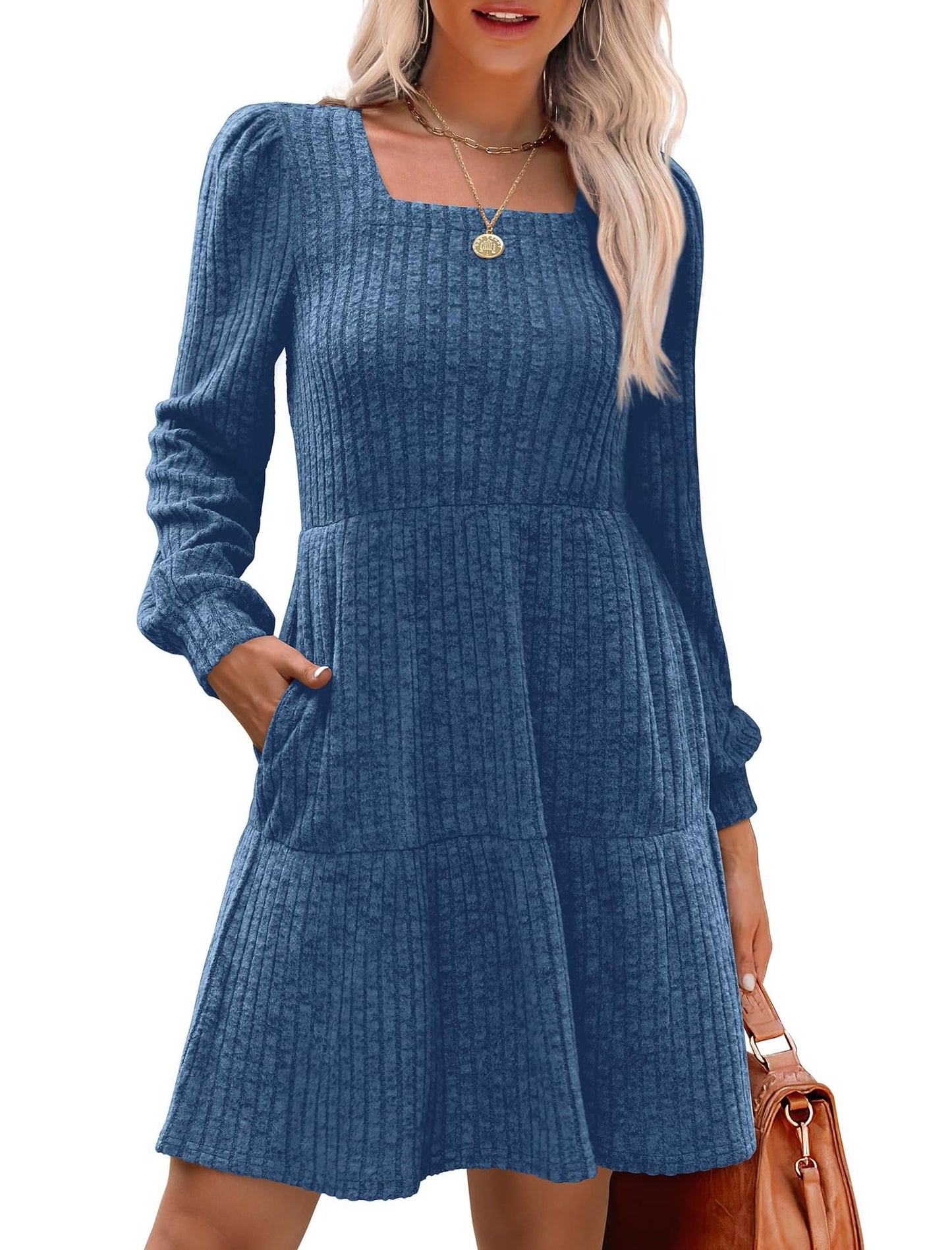 💥2025 HOT SALE💥Womens Square Neck Long Sleeve Fall Dresses Casual Babydoll Sweater Dress