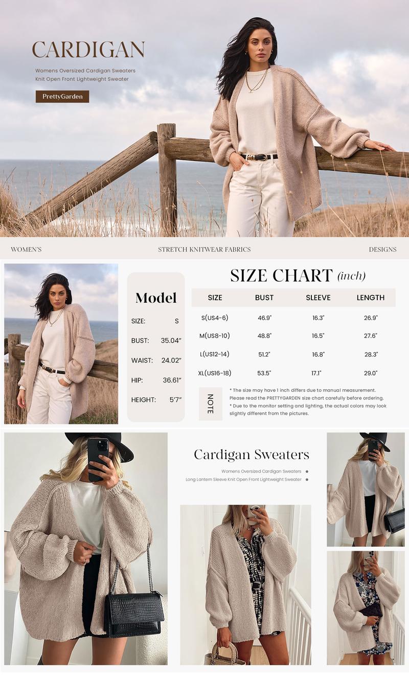 Women's Oversized Lantern Sleeve Knit Open Front Lightweight Sweater Knitwear Tops