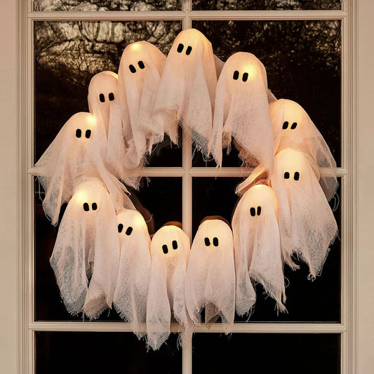 LED Ghost Wreath – Light-Up Halloween Door Décor (40cm) |FREE Witchy Vibes Recipe Booklet w/ Every purchase