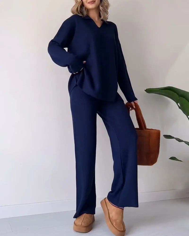 Casual Solid Color V-Neck Knitted Loose Two-Piece Suit main image 1