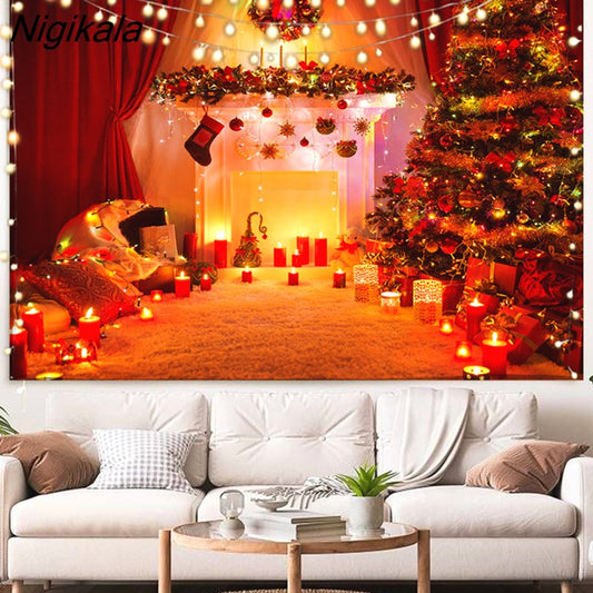 unitmotor™-Nigikala Christmas Decoration Christmas Tree Candle Wall Hanging Tapestry Art Living Room Decorative Bedroom Wall Hanging