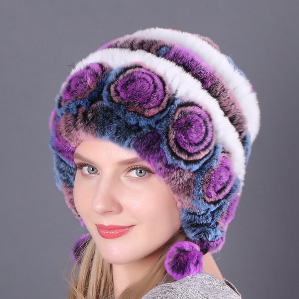 (🎁Early Christmas Sale - 49% OFF) Lady Warm Flowers Striped Real Rex Rabbit Fur Hats-unitmotor™