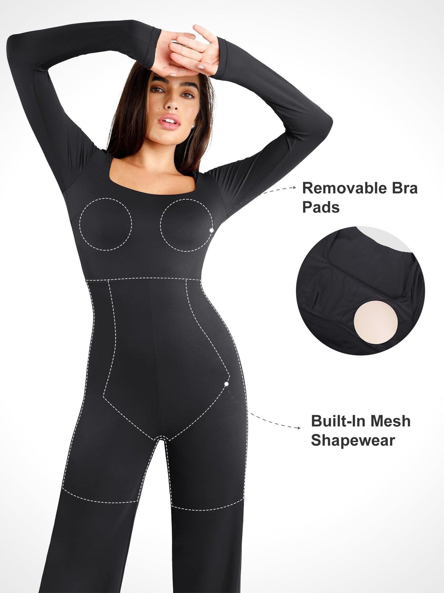 Square Neck Wide-Leg Long Sleeve Shapewear Jumpsuit-unitmotor™