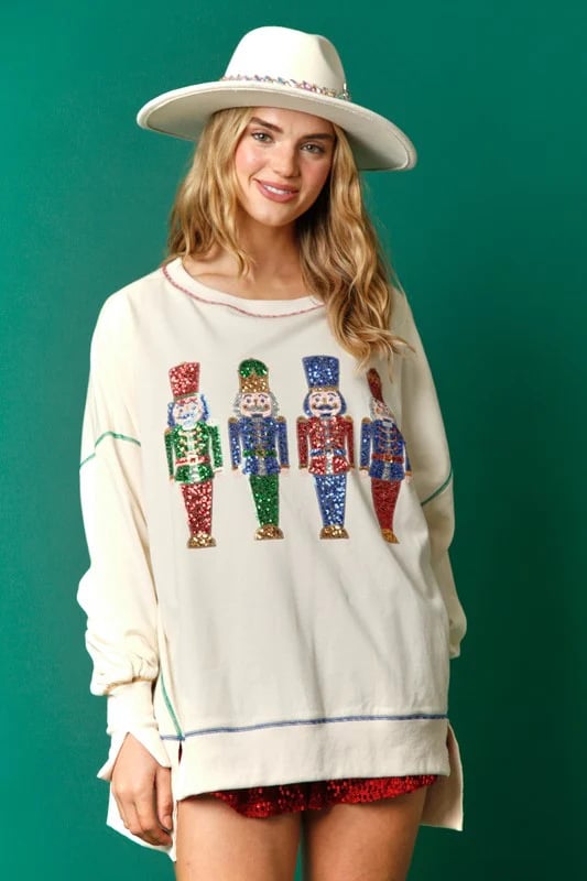 Christmas sequin print crew neck long sleeve sweatshirt-unitmotor™